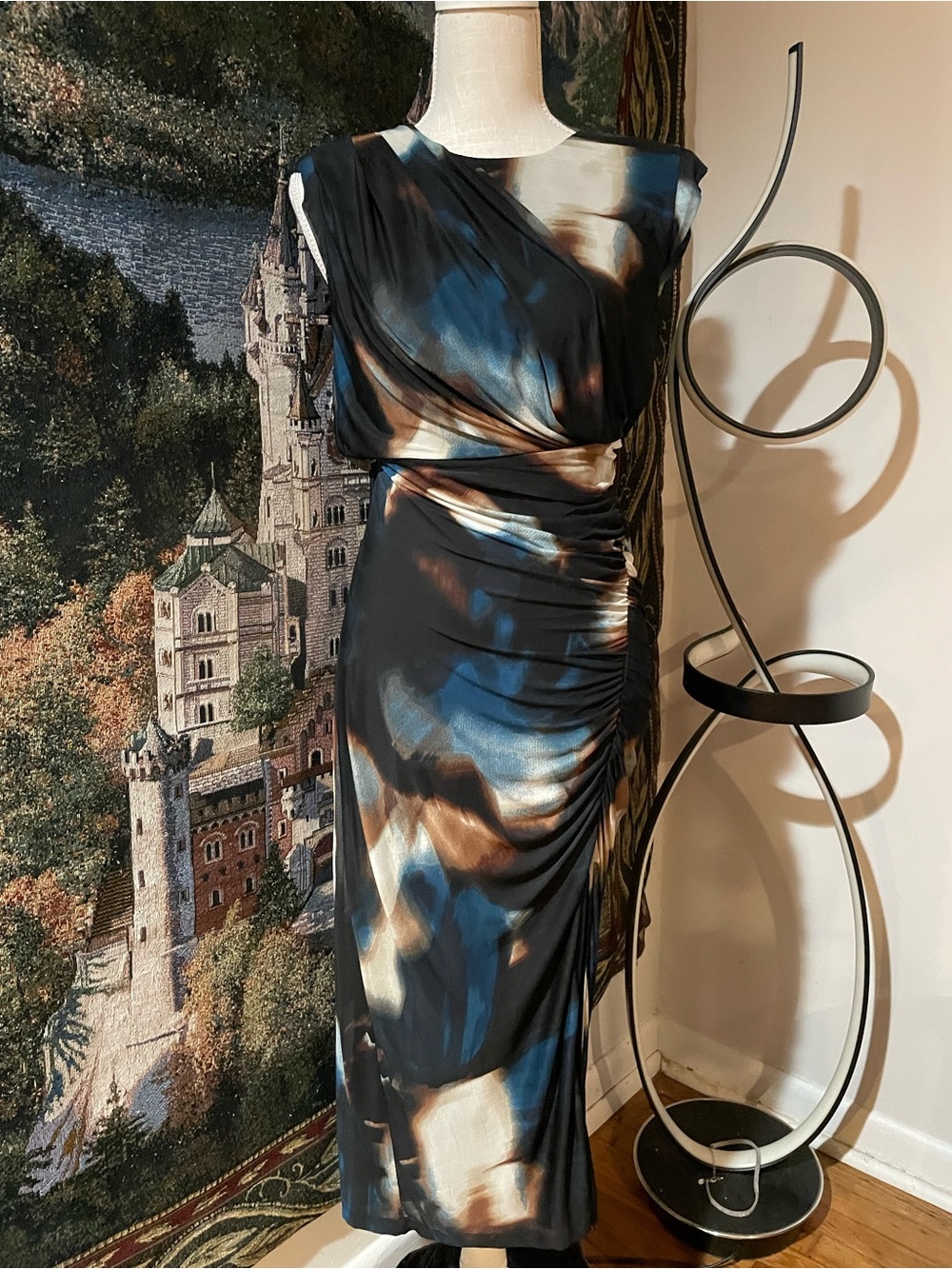 DKNY Black, Blue & Cream Abstract Ruched Summer Dress